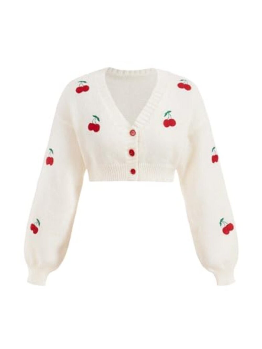 GORGLITTER Cherry Cropped Cardigan Button Down Long Sleeve Lightweight Knit